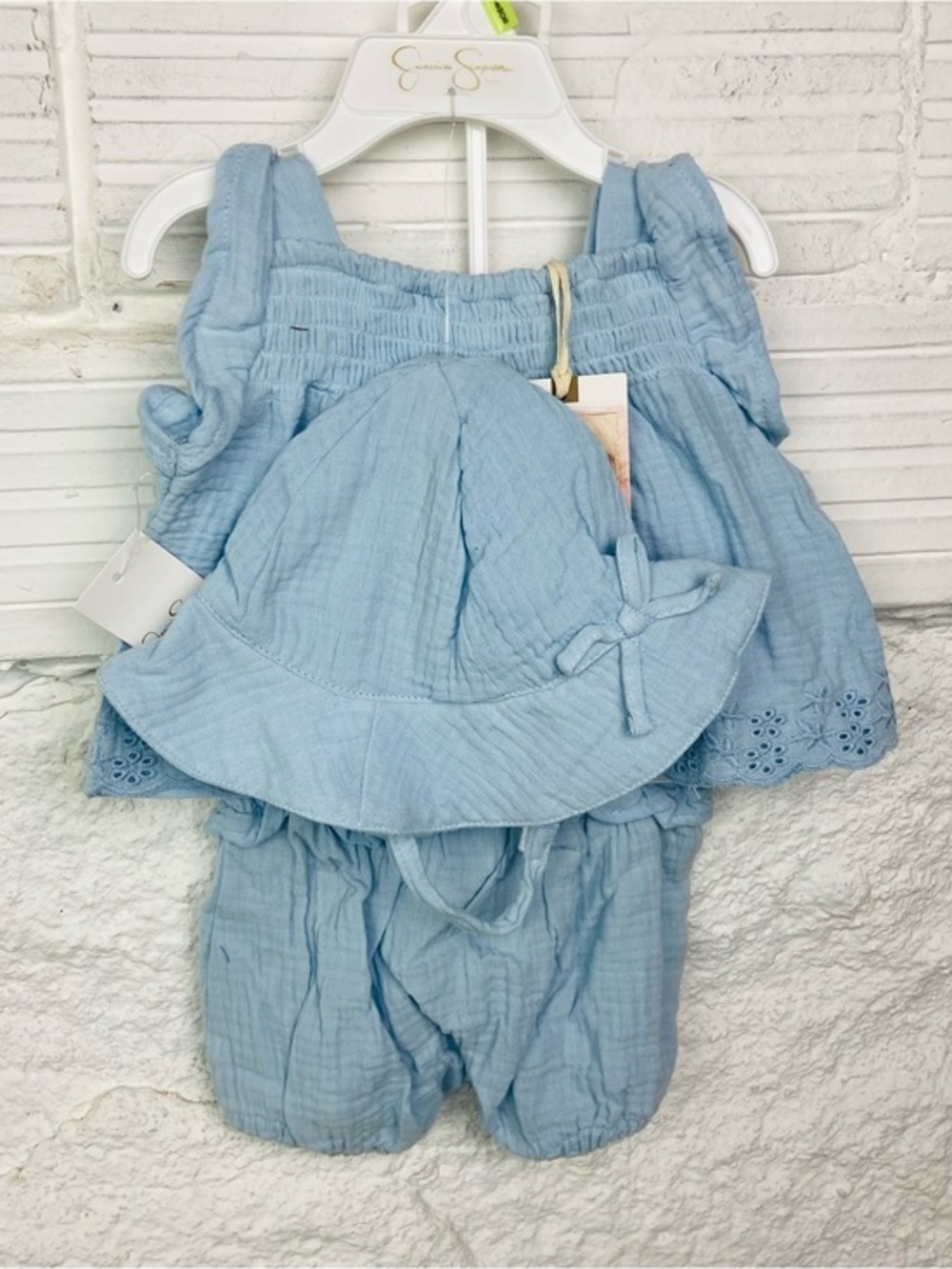 NWT Jessica Simpson Light Blue Cotton Gauze top & Bottoms Set with Matching Hat